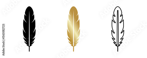 Set of feather icons in black, gold gradient, and outline styles, icon set  