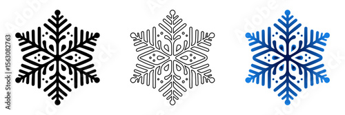 Stylish snowflake icon in three design variants - silhouette, outline, and blue gradient design, icon set  