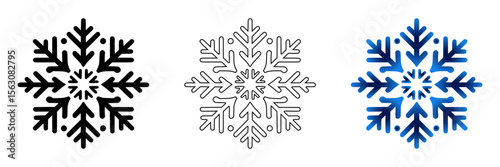 Elegant snowflakes icon in three design variants - silhouette, outline, and blue gradient design, icon set  