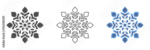Stylized snowflake designs icon in three design variants - silhouette, outline, and blue gradient design, icon set  
