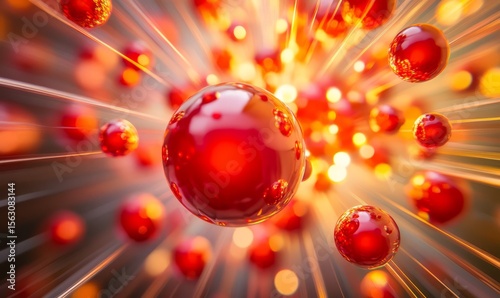 Abstract Red Spheres in Motion: A Burst of Energy and Light