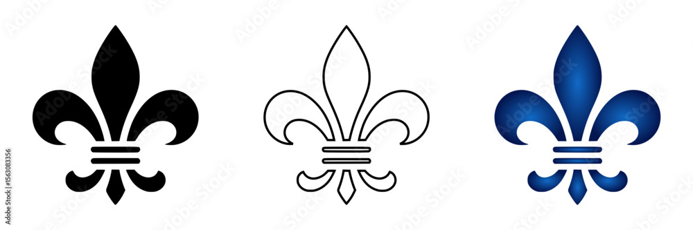 Fleur-de-lis icon in three design variants - silhouette, outline and gradient design, icon set
Fleur-de-lis icon in three design variants - silhouette, outline and gradient design, icon set
