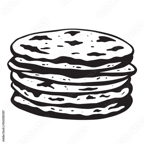 Stack of traditional flatbreads in black and white illustration for culinary and food concepts