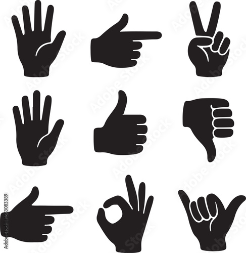 Diverse Hand Gesture Black Silhouette Icon Set - Communication and Interaction Symbols Vector