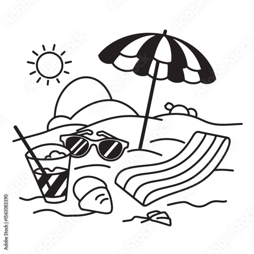 Summer beach scene with sun umbrella sunglasses drink sandcastles and beach towel in black and white vector