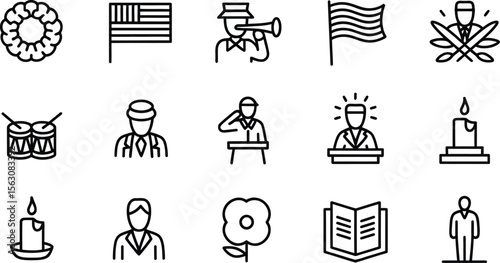 Memorial and Tribute Line Icons Featuring Flag, Wreath, Ceremony, Candles, Soldier, Speaker, and Patriotic Symbols