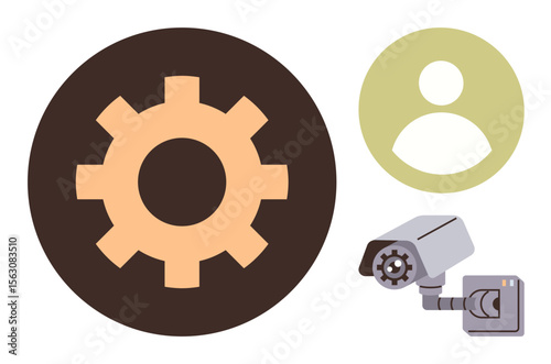 Gear symbol, CCTV camera, and user icon portraying concepts of system control, security, privacy, settings, user management, and technology. Ideal for cybersecurity surveillance privacy