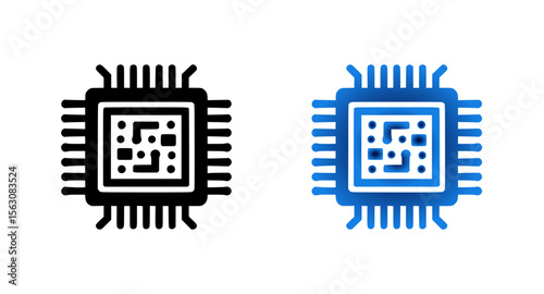 Microchip icon in black and blue gradient design for technology applications, icon set  
