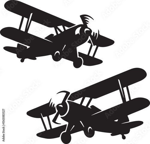 Bold Black Silhouette Biplanes Illustration - Vintage Aircraft Graphic Design Element Vector