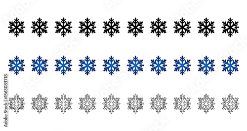 Snowflake border in three designs - silhouette, gradient, and outline on transparent background, set
  