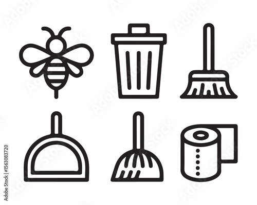 Set of simple line art icons for cleaning and household tasks isolated on white background