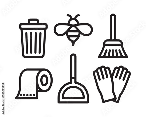 Collection of cleaning icons including a trash can bee broom toilet paper dustpan and gloves isolated on white background