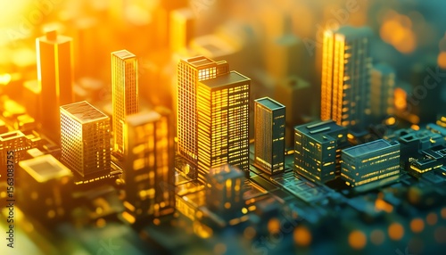 Glowing cityscape at sunset with modern buildings.