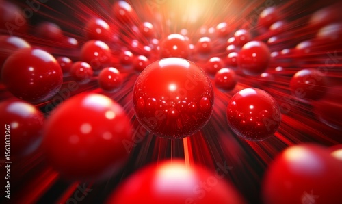 Abstract Red Sphere Tunnel: A Dynamic 3D Render of Shiny Red Spheres Moving in a Tunnel of Light