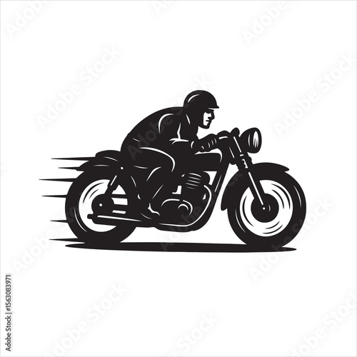 Dynamic Black Silhouette Motorcycle Racer with Speed Lines - Vintage Biker in Action Vector Graphic