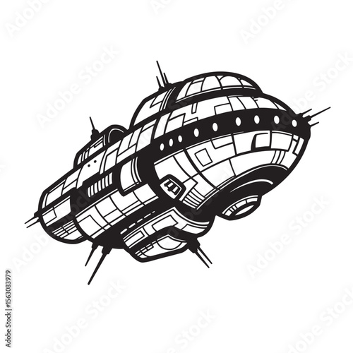 Vector illustration of a futuristic spacecraft ufo in a detailed black and white design