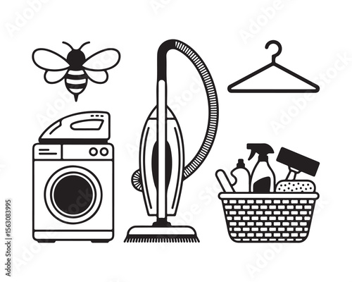 Collection of household cleaning and laundry items with a bee icon isolated on white background