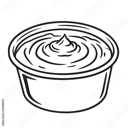 Vector illustration of a small cup filled with creamy sauce or condiment in black and white