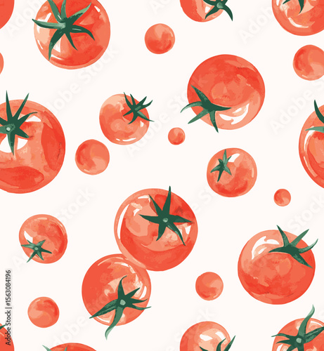 Seamless watercolor tomato pattern. Cute and vibrant seamless pattern. Ideal for fabric prints, wallpapers, packaging, and creative backgrounds.