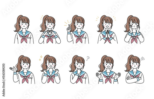 表情豊かな女子学生の感情アイコンセット
