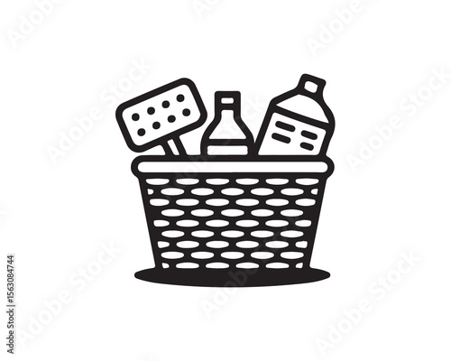 Picnic basket filled with bottles and food items isolated on white background