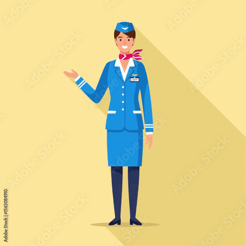 illustration of a flight attendant in uniform, smiling and gesturing with one arm