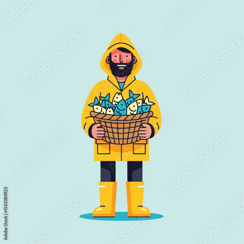 Flat cartoon character of a fisherman holding a basket of freshly caught fish