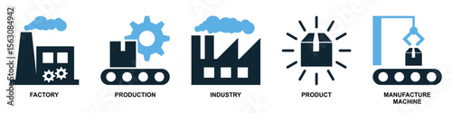 Set of factory icon vector, offering diverse industrial symbols for various manufacturing themes. Ideal for comprehensive representations of production, industry, and industrial parks.