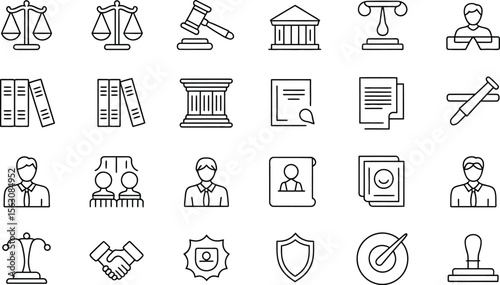 Legal Services Icon Set Featuring Lawyers, Contracts, Legal Books, Courthouses, Judge, Scales of Justice, and Certificates