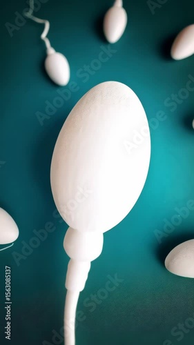 A conceptual image showing white sperm cells around an egg on a teal background to symbolize fertility, and reproduction process in a minimalistic style.