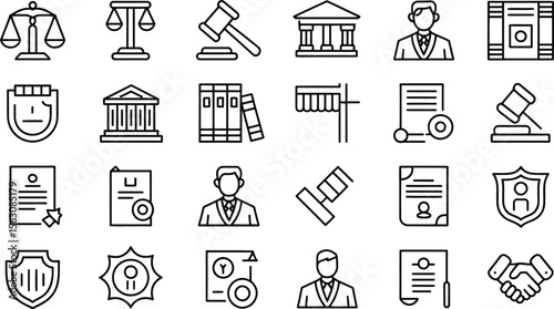 Law and Legal System Icon Set Featuring Scales, Judge, Courthouse, Gavel, Contract, Shield, and Legal Documents