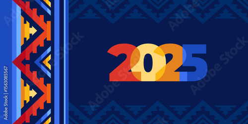 Native american heritage month 2025 greeting. Vector banner, poster, card, content for social media with Native american heritage month, november. Blue background with native tribal pattern.