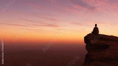 Person meditating on a cliff overlooking a landscape at sunset