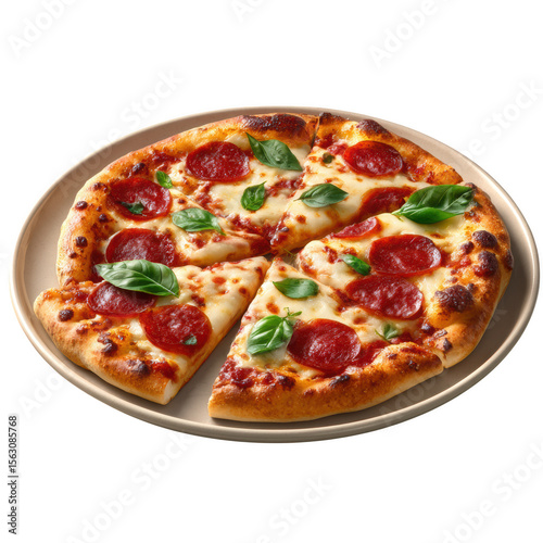 A tasty pepperoni pizza with basil leaves on a plate isolated on transparent background