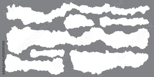 White realistic torn or ripped paper strip collection with grunge edges. Rips paper texture vector art background