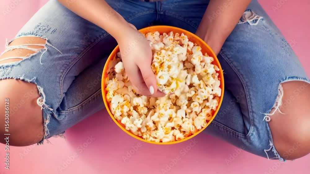 Eating popcorn and enjoying casual snacking during leisure time, a person wearing ripped jeans sits cross legged on a pink background while holding a big bowl of fresh popcorn and grabbing some delici
