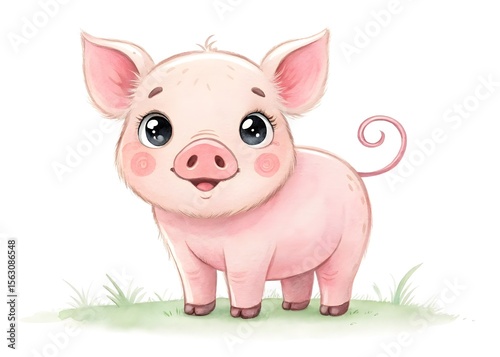 Watercolor illustration of a cute pink piglet on grass