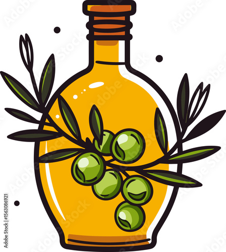 Olive Oil Bottle with Green Olives and Leaves Illustration