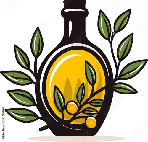 Olive Oil Bottle with Fresh Green Leaves and Yellow Olives