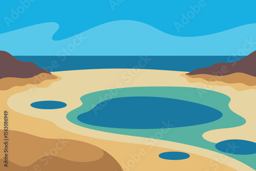 Abstract coastal landscape with calm ocean and sandy beach with pools