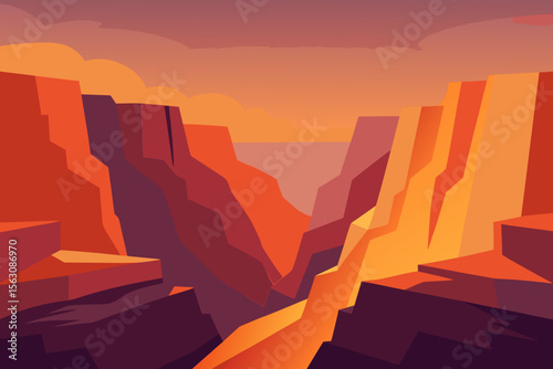 Stylized geometric canyon landscape at sunset with warm orange and purple hues