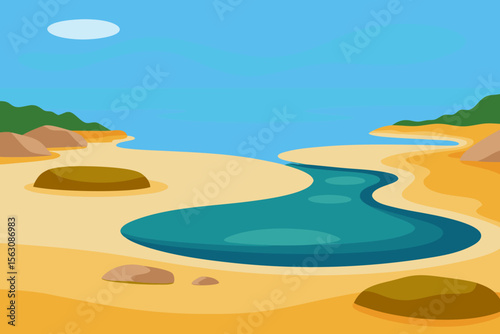 Serene coastal landscape with a winding river flowing into the ocean