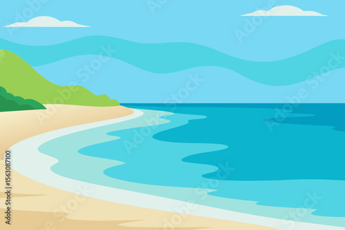 Stylized flat illustration of a tropical beach with green hills and blue ocean waves