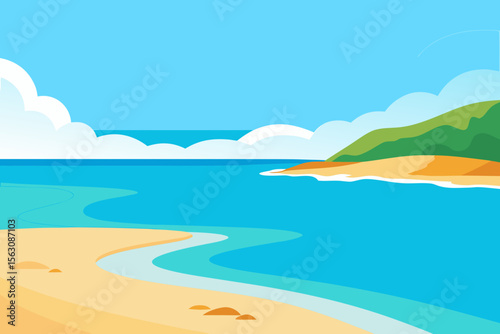 Flat design illustration of a tropical beach with turquoise water and green hills