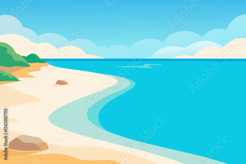 Stylized flat illustration of a tropical beach with turquoise water and green hills