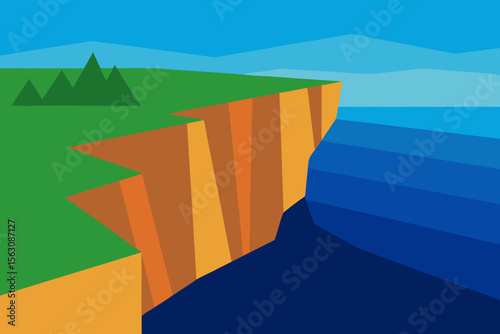 Stylized flat illustration of a green cliff edge overlooking a deep blue ocean