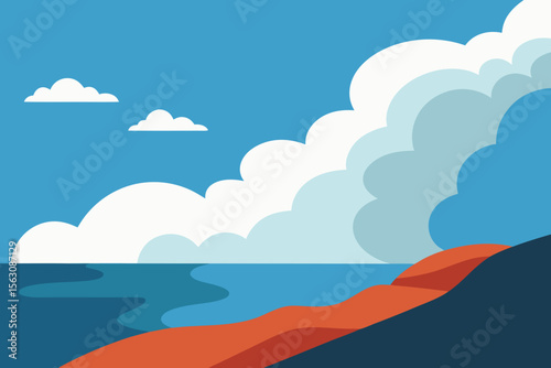 Stylized abstract landscape with blue sky fluffy clouds and ocean meeting a sandy shore