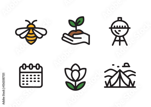 Collection of six simple icons representing nature and activities isolated on white background