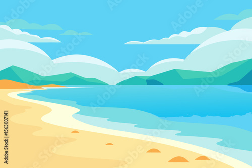 Flat design illustration of a serene beach with calm turquoise water and distant mountains