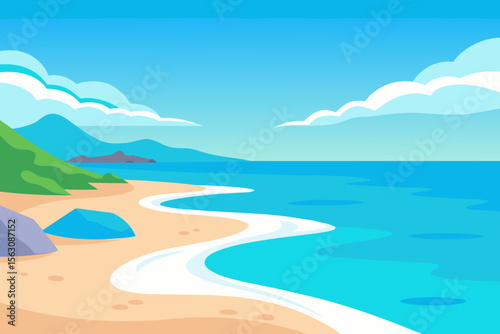 Stylized tropical beach with gentle waves and distant mountains under a blue sky